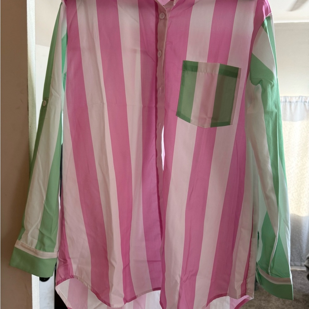 Pink and Green Striped Button-Up Shirt